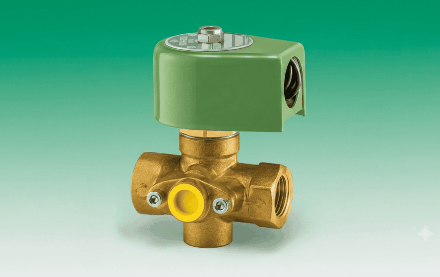 Válvula solenoide de acionamento direto em latão com cabeçote verde e sistema de fechamento tipo faca, específica para fritadeiras industriais com óleo aquecido.