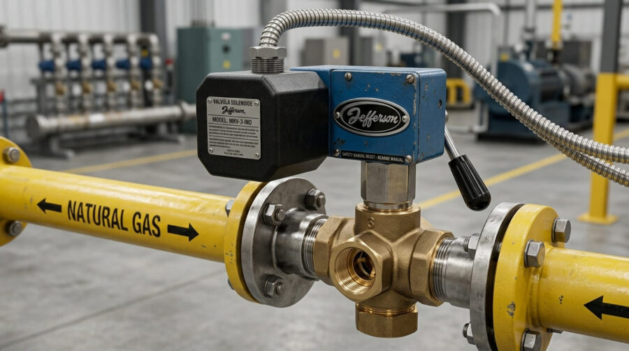 Válvula solenoide de rearme manual Jefferson instalada em tubulação industrial amarela de gás natural com corte de segurança