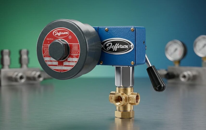 Válvula solenoide de rearme manual Jefferson do Brasil com alavanca mecânica em latão para bloqueio de segurança