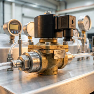 Válvula solenoide pneumática e hidráulica 3/2 vias de alta vazão instalada em bancada de teste industrial