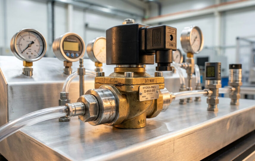 Válvula solenoide pneumática e hidráulica 3/2 vias de alta vazão instalada em bancada de teste industrial