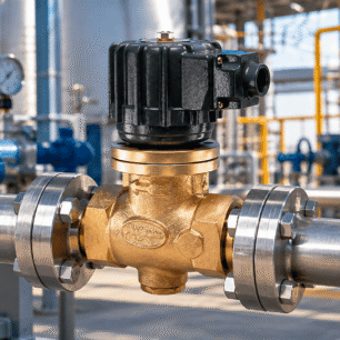 Válvula solenóide 2/2 vias em bronze instalada em tubulação industrial