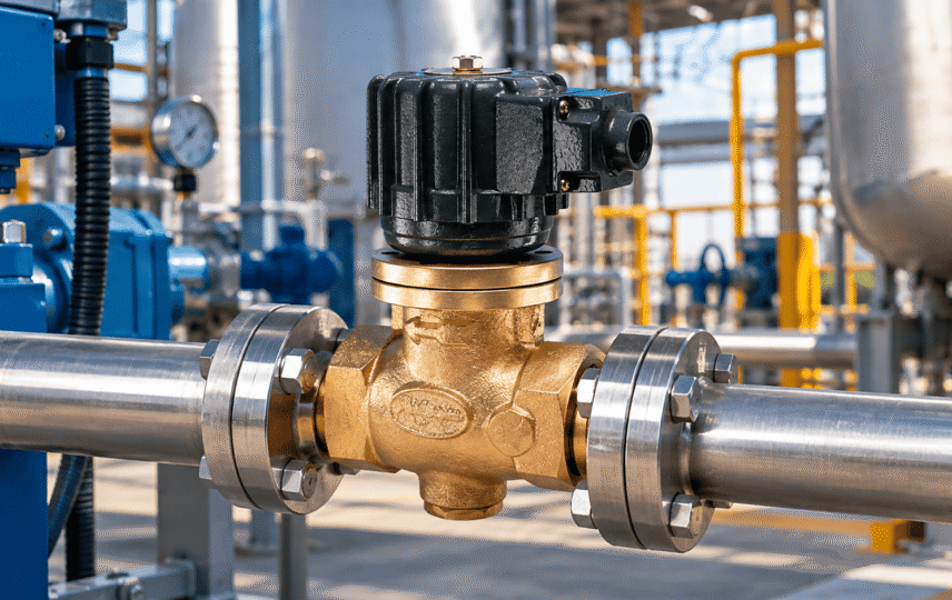 Válvula solenóide 2/2 vias em bronze instalada em tubulação industrial